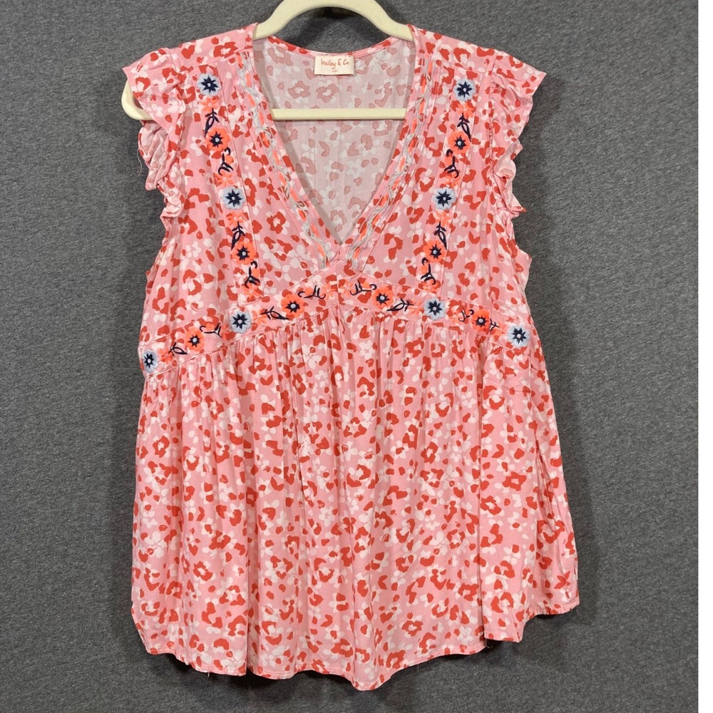 Hailey & Co Pink Orange Floral Leopard Embroidered V-Neck Babydoll Top Large‎
